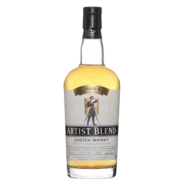 Artist Blend, créé par John Glaser de Compass Box, est un mélange équilibré de whiskies de malt et de grain, avec une proportion de 50%-50%, mettant en avant les arômes fruités des Highlands du Nord. Inspirée de la Scottish National Gallery, l’étiquette rend hommage à l’art du blending. Ce whisky reflète la vision novatrice de Compass Box dans l’assemblage artisanal.