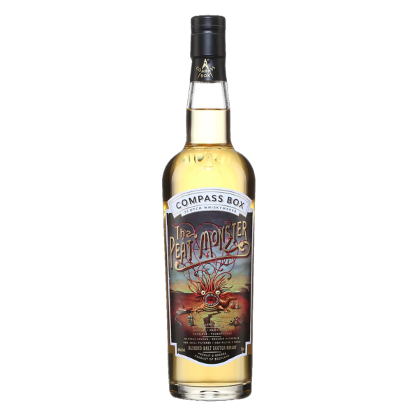 The Peat Monster de Compass Box est un whisky tourbé équilibré, composé principalement de single malts d'Islay (Laphroaig et Caol Ila). Il offre des arômes puissants de tourbe, de fumée, avec des notes iodées, de viande fumée et de fruits compotés. La finale longue et épicée laisse une impression durable de gingembre et de poivre.